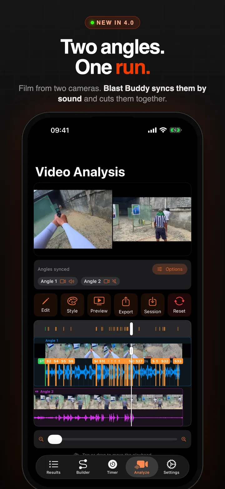 Blast Buddy 4.0 two-angle video editor with dual synced timelines