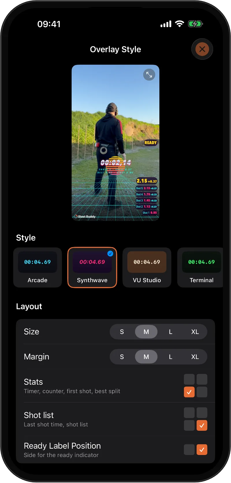 Blast Buddy 4.0 overlay style picker with the Synthwave style selected on iPhone