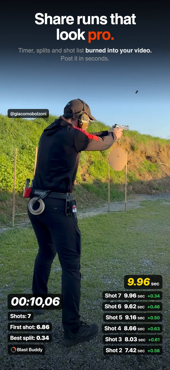 Blast Buddy 4.0 overlay with timer, shot list and splits burned into range footage