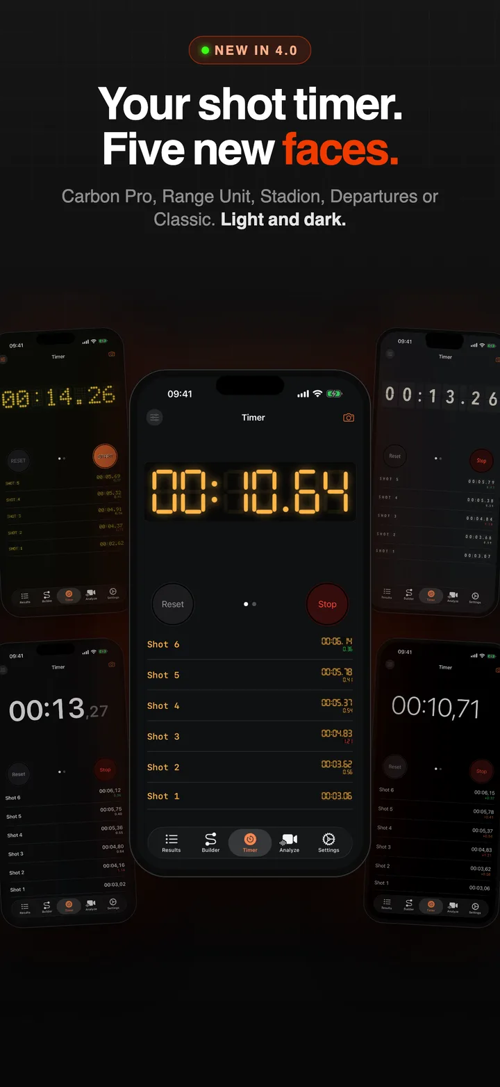 Blast Buddy 4.0 shot timer skins: Carbon Pro, Range Unit, Stadion, Departures and Classic
