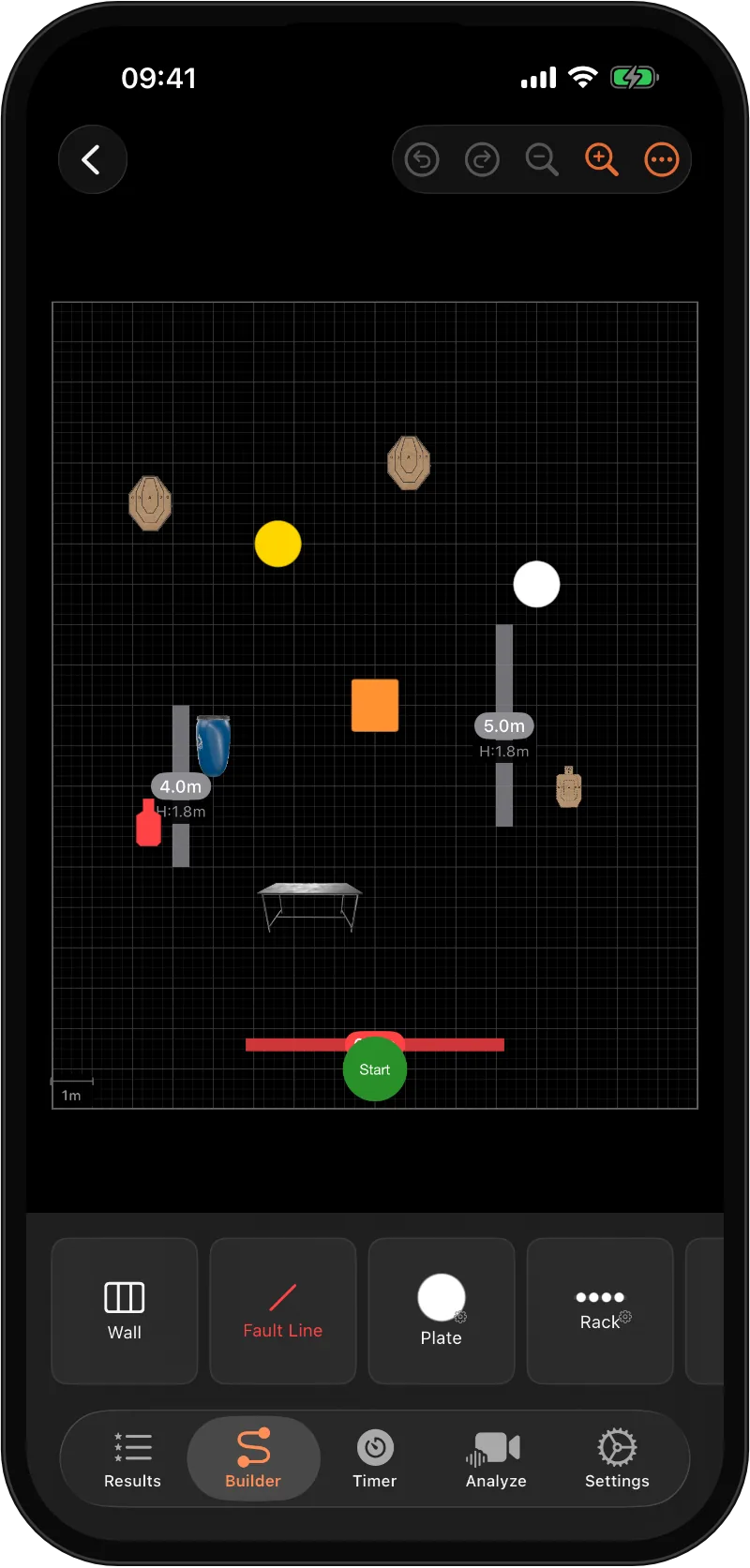 2D Stage Builder with targets, walls, barrels and fault lines laid out on the grid