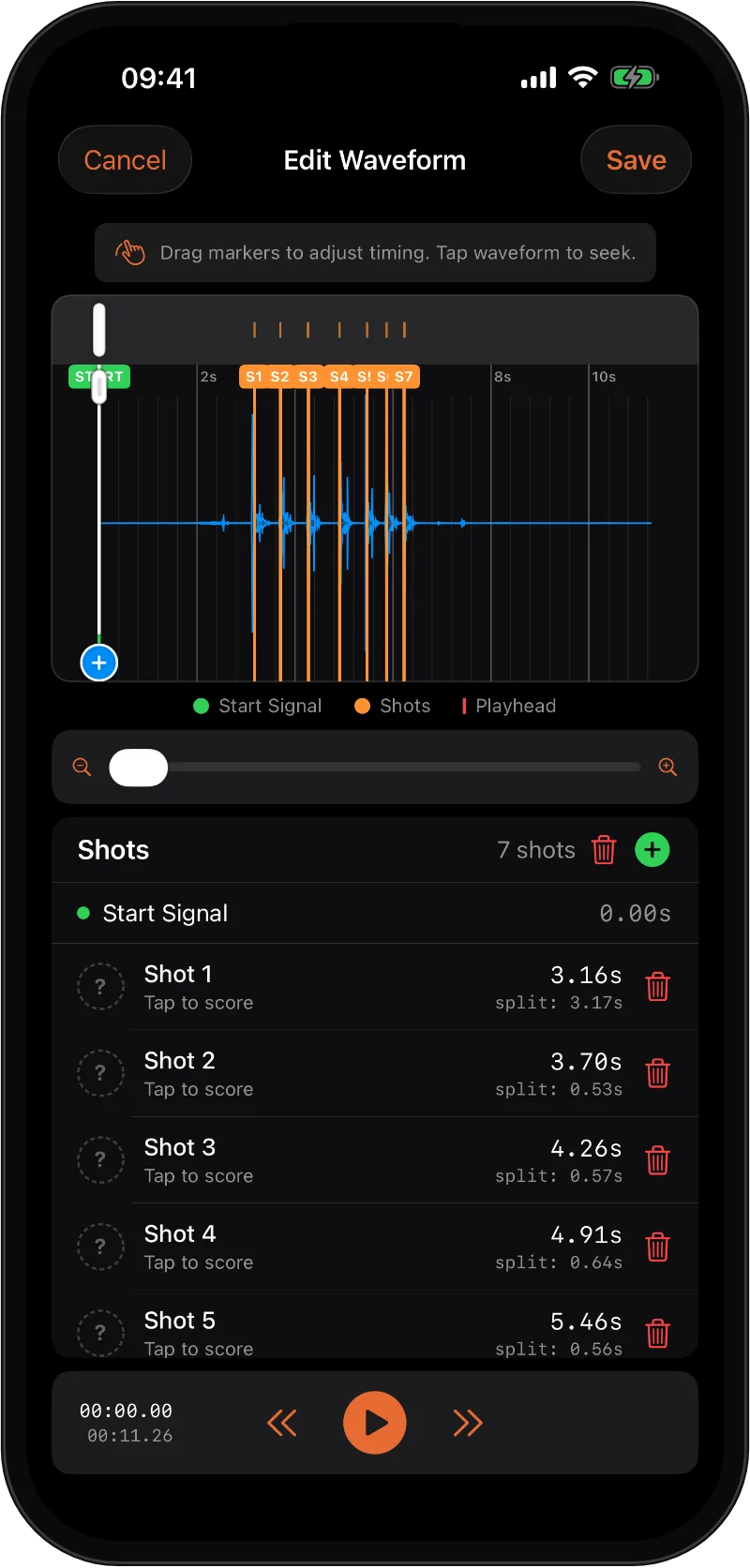 Blast Buddy 4.0 waveform editor with synchronized, draggable shot markers on iPhone