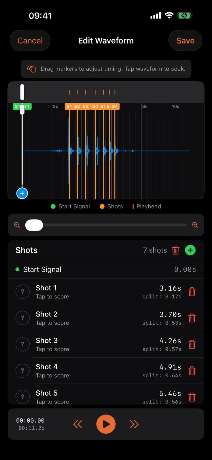 Blast Buddy 4.0 waveform editor showing synchronized shot markers