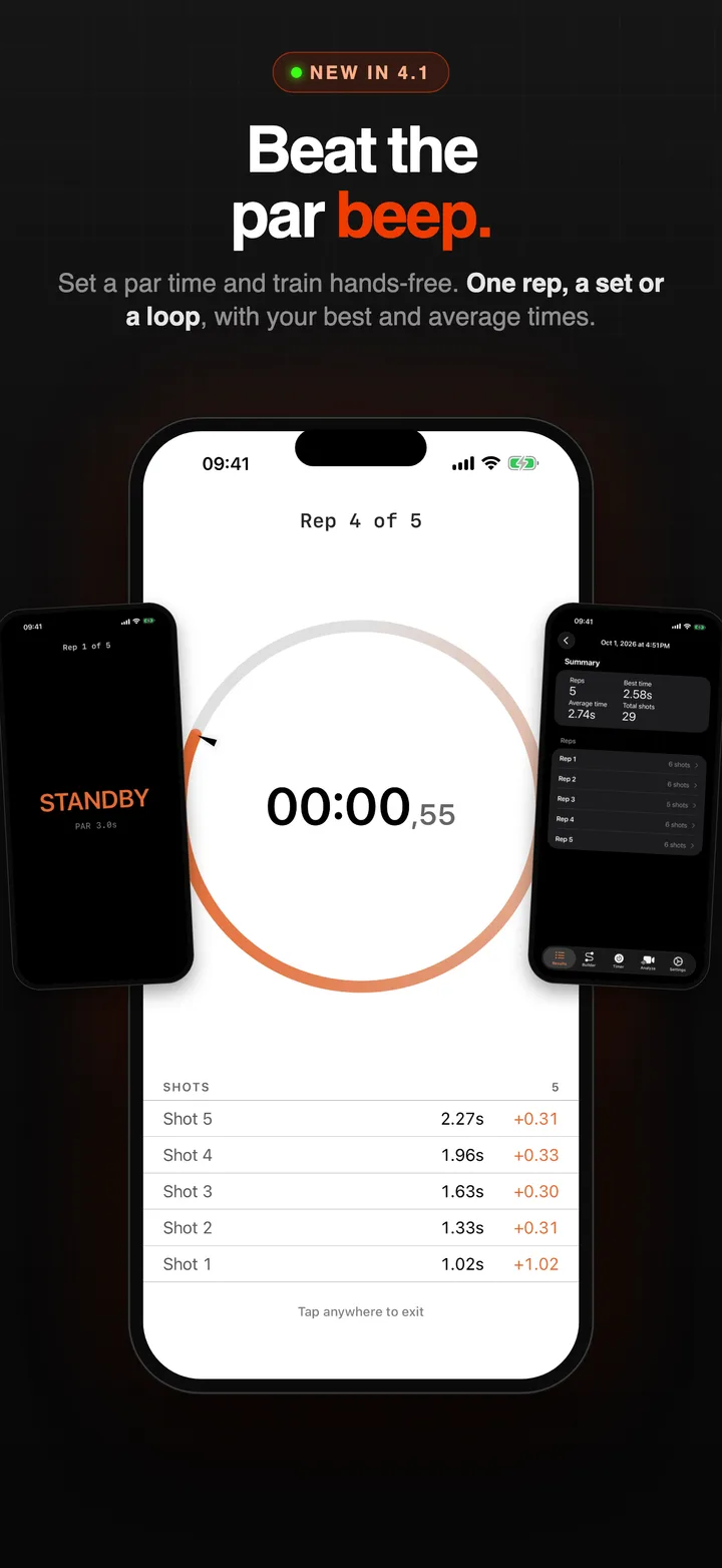 The par timer in the Blast Buddy app: rep 4 of 5, the dial counting down, and the shot list with splits