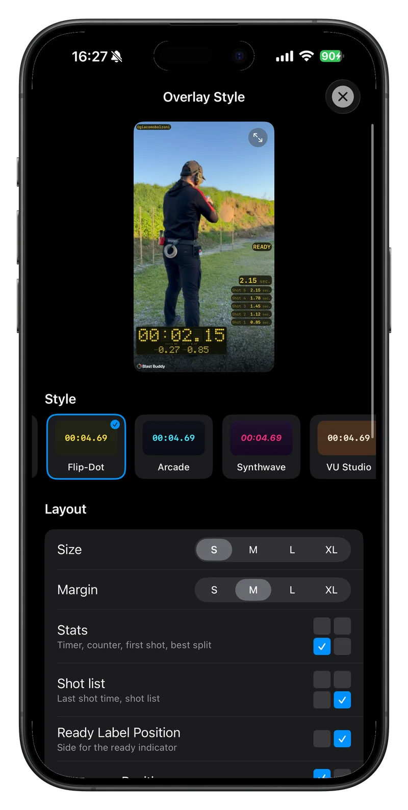 Blast Buddy 3.9 Flip-Dot shooting video overlay editor on iPhone Pro Max