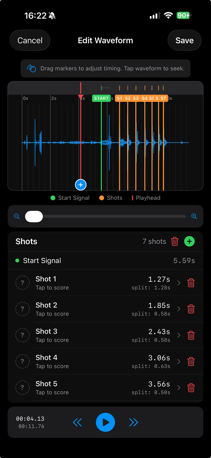 Redesigned Blast Buddy 3.9 waveform editor showing synchronized shot markers