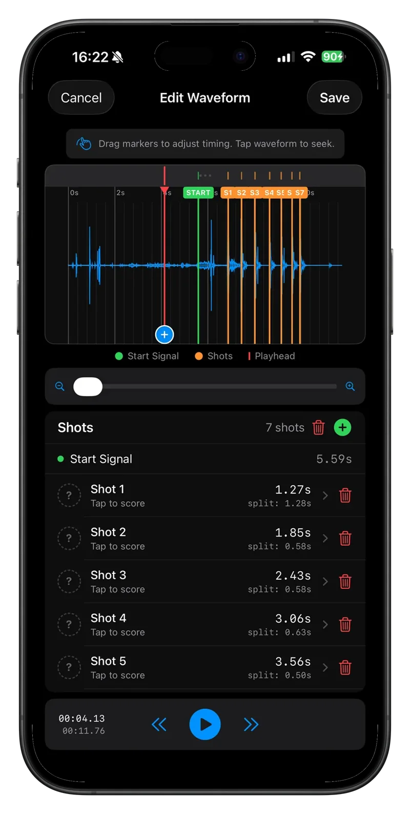 Blast Buddy 3.9 synchronized waveform timeline with draggable shot markers on iPhone Pro Max