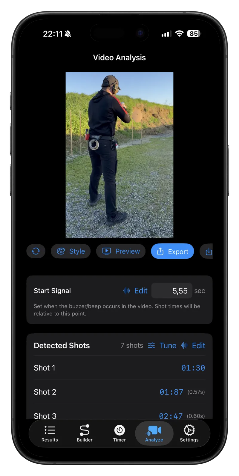 Detected shots view in Blast Buddy