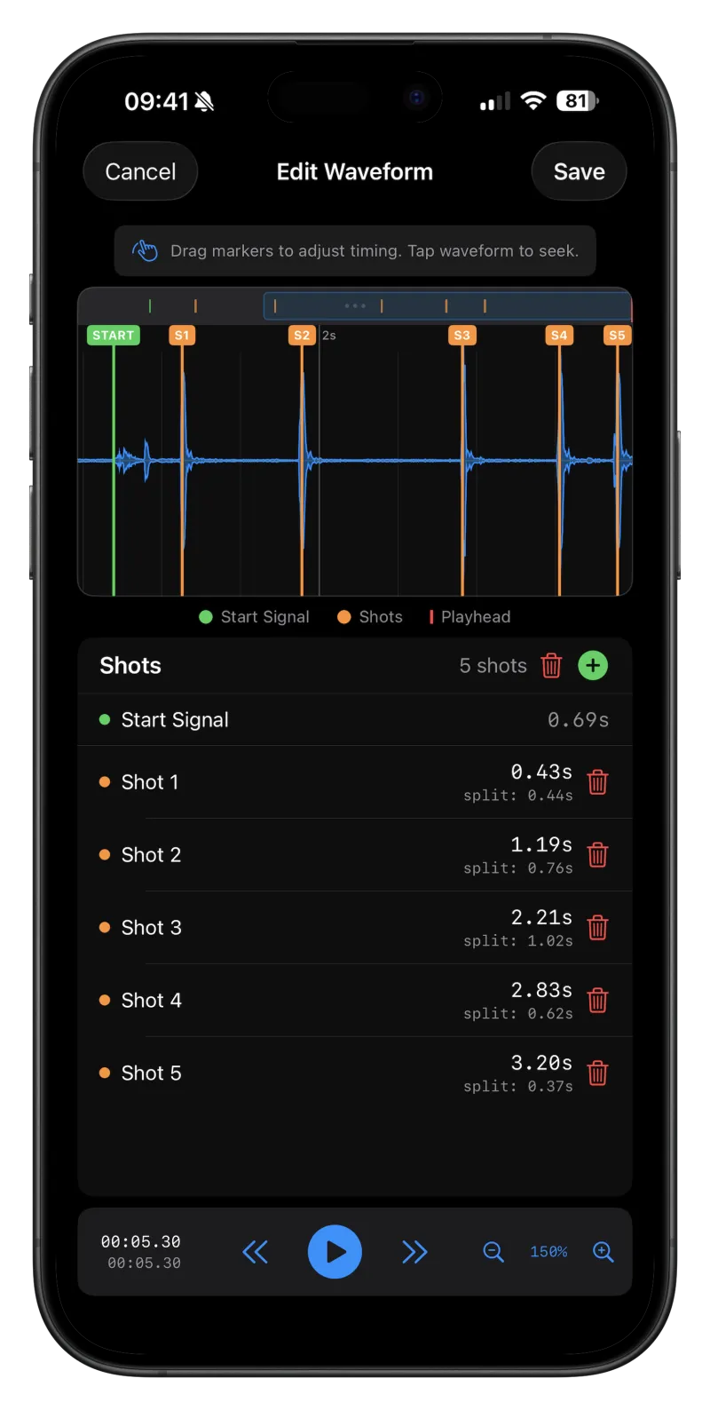 Waveform editor showing detected shots aligned with audio spikes